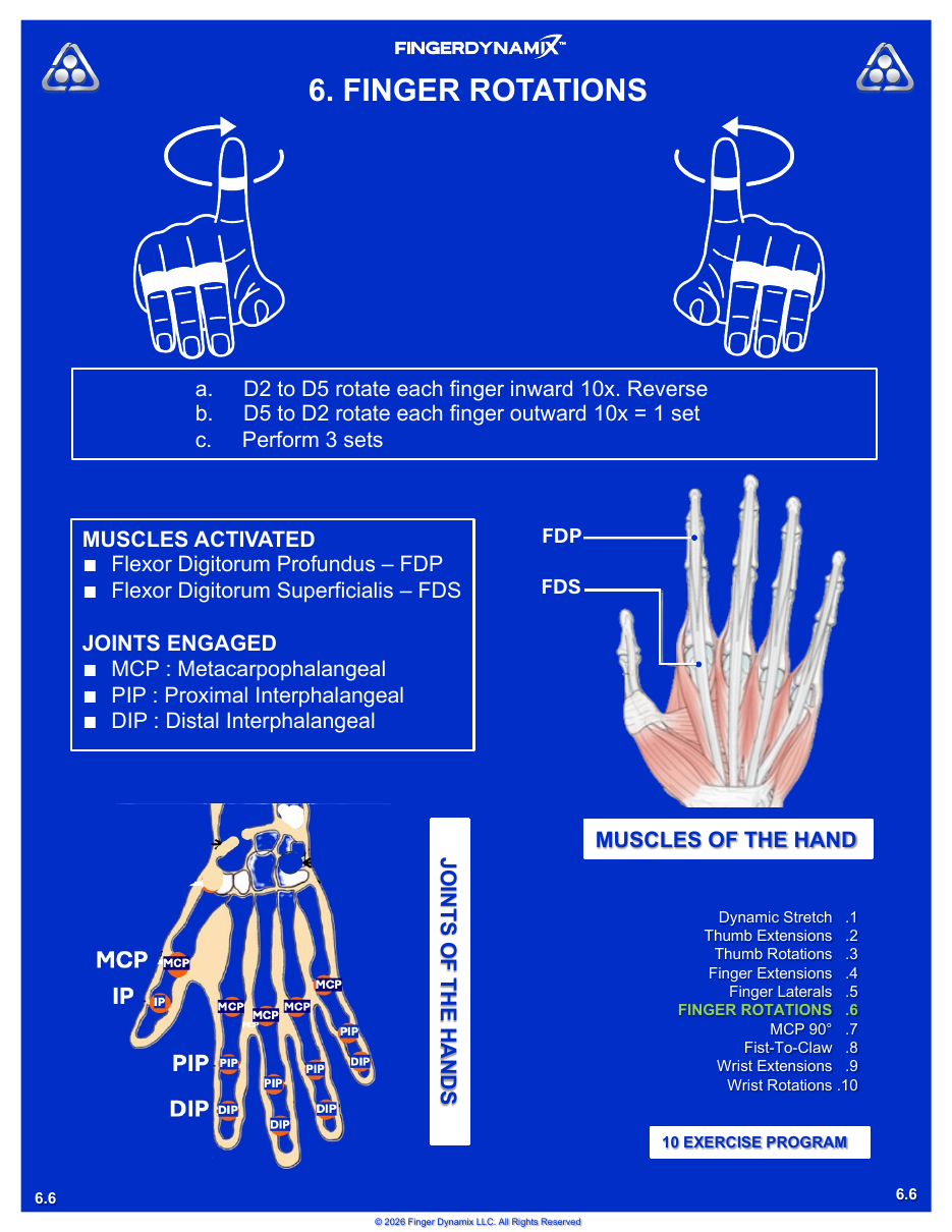 Finger Rotations exercise sheet — movements, sets, and muscles activated