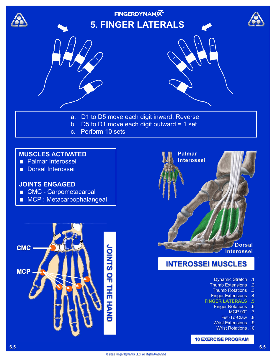 Finger Laterals exercise sheet — movements, sets, and muscles activated
