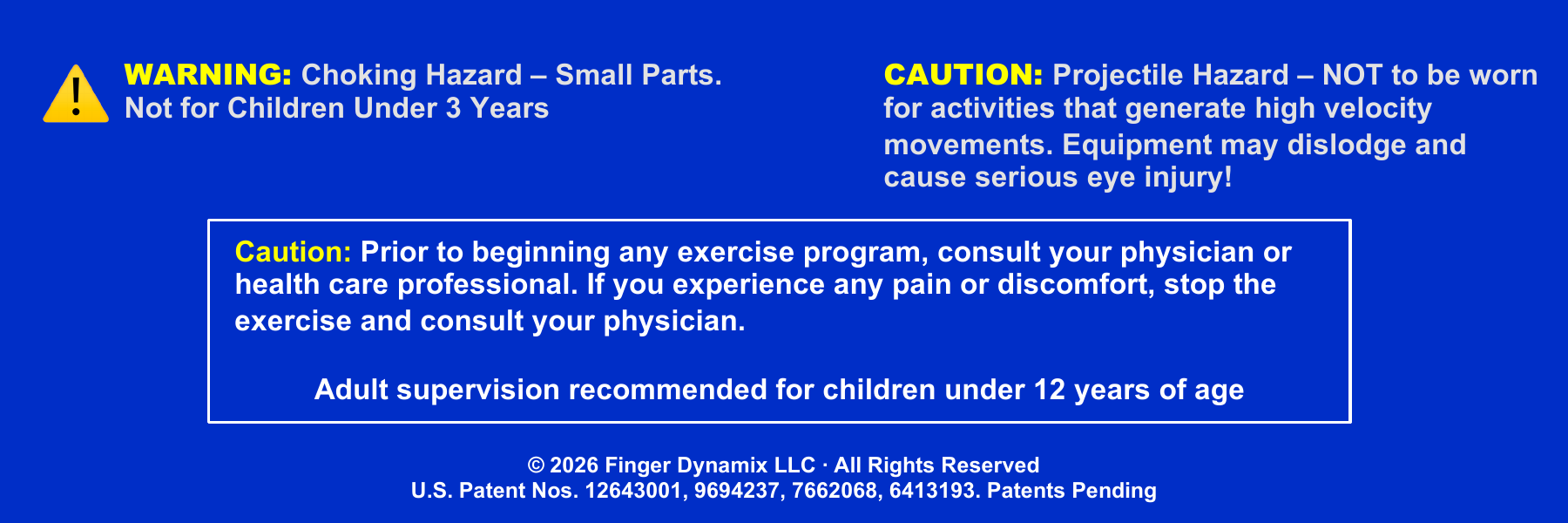 FingerDynamix safety warnings — choking hazard, projectile hazard, and exercise precautions