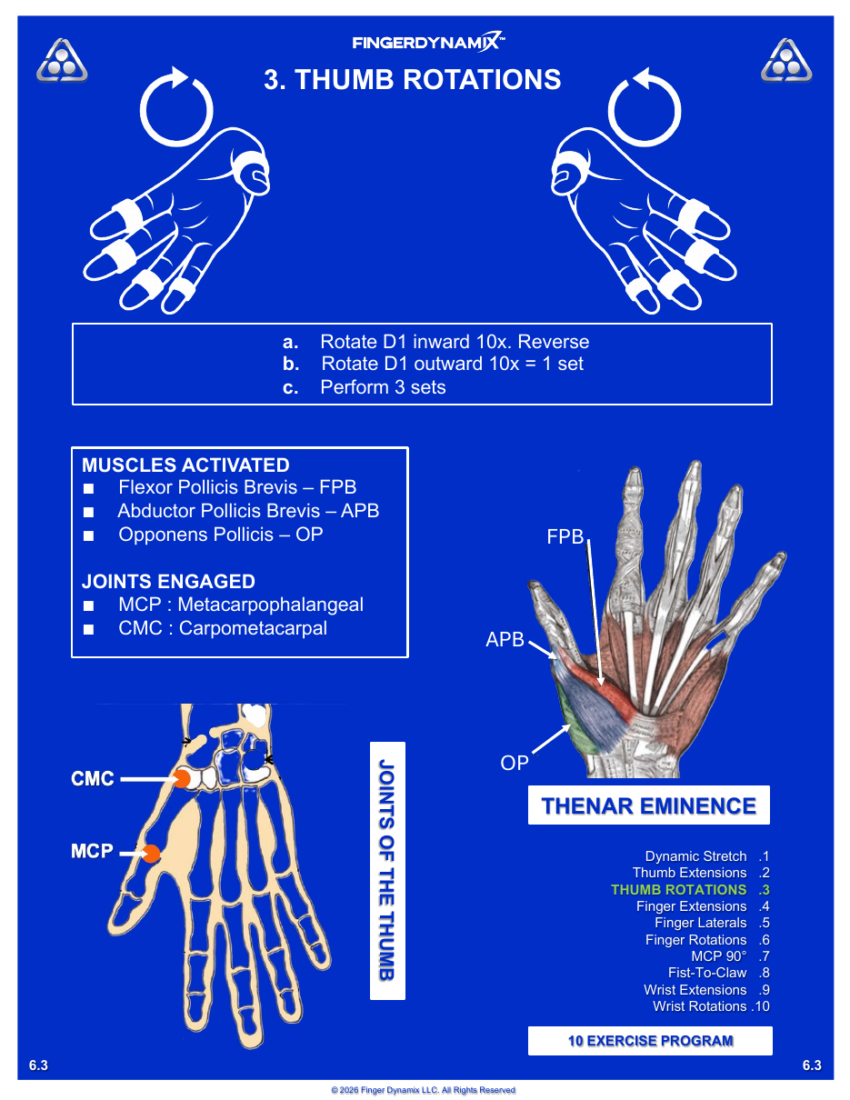 Thumb Rotations exercise sheet — movements, sets, and muscles activated