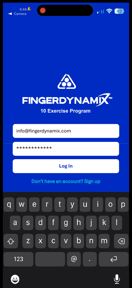 FingerDynamix app login screen showing the FingerDynamix logo